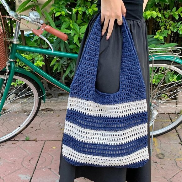 Women's Navy Blue Crochet Bag Cute Mesh Summer Knitted Shoulder Beach Tote Bags - Picture 6 of 7